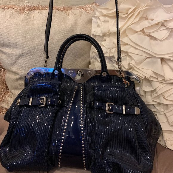 Versace Blue Striped Patent Leather Studded Frame Satchel (Rare) - Picture 2 of 7